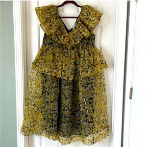 Ganni Floral Print Ruffle Tier Yellow Organza